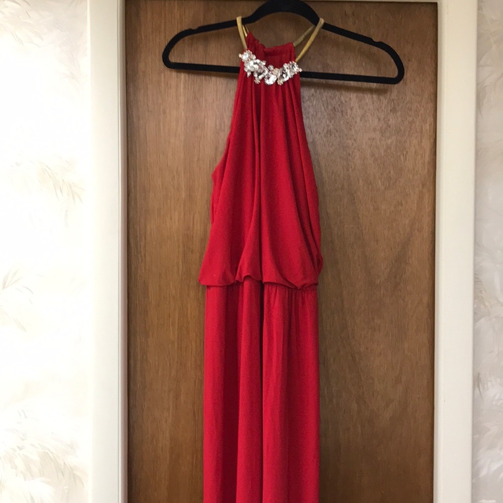 Long red and gold formal dress